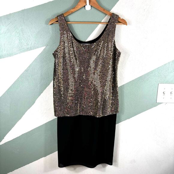 Vintage Patra 2-Piece Evening Dress Sz 6 Petite Black Gold Metallic Holiday USA - Picture 3 of 9